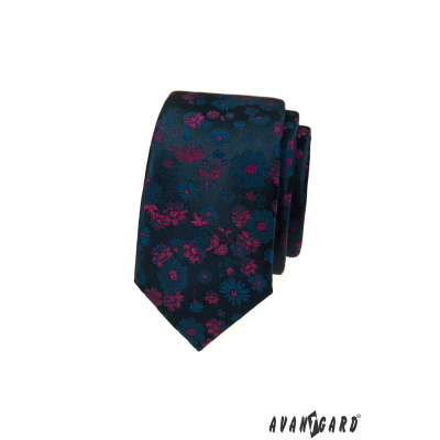 Cravată îngustă albastru închis cu model floral în roz