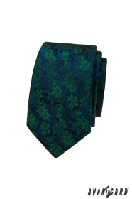 Cravată îngustă cu model floral albastru-verde
