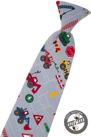 Cravata gri pentru copii cu masini de constructii