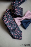 Cravată îngustă albastră cu model roz - latime 6 cm