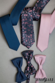 Cravată îngustă albastră cu model roz - latime 6 cm